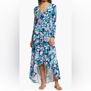Lilly Pulitzer Montague Maxi Wrap Dress High-Low Hem Navy Floral Long Sleeve L
